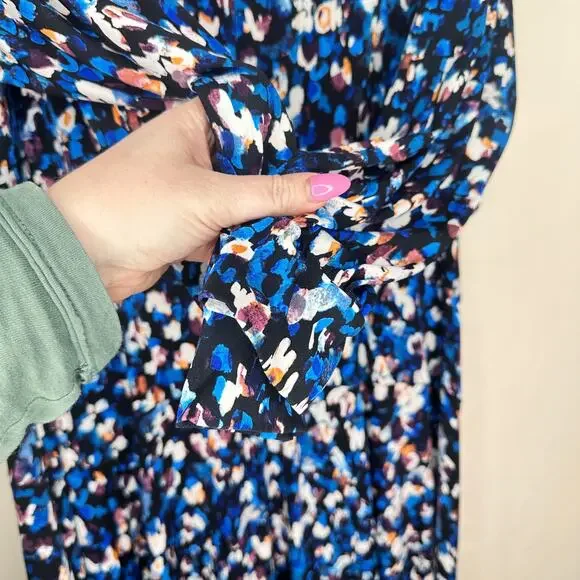 Maggy London Raglan Long Sleeve Crew Neck Blue Speckled Print Blouson Midi Dress - Picture 7 of 14